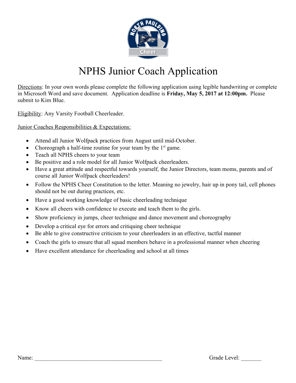 NPHS Junior Coach Application