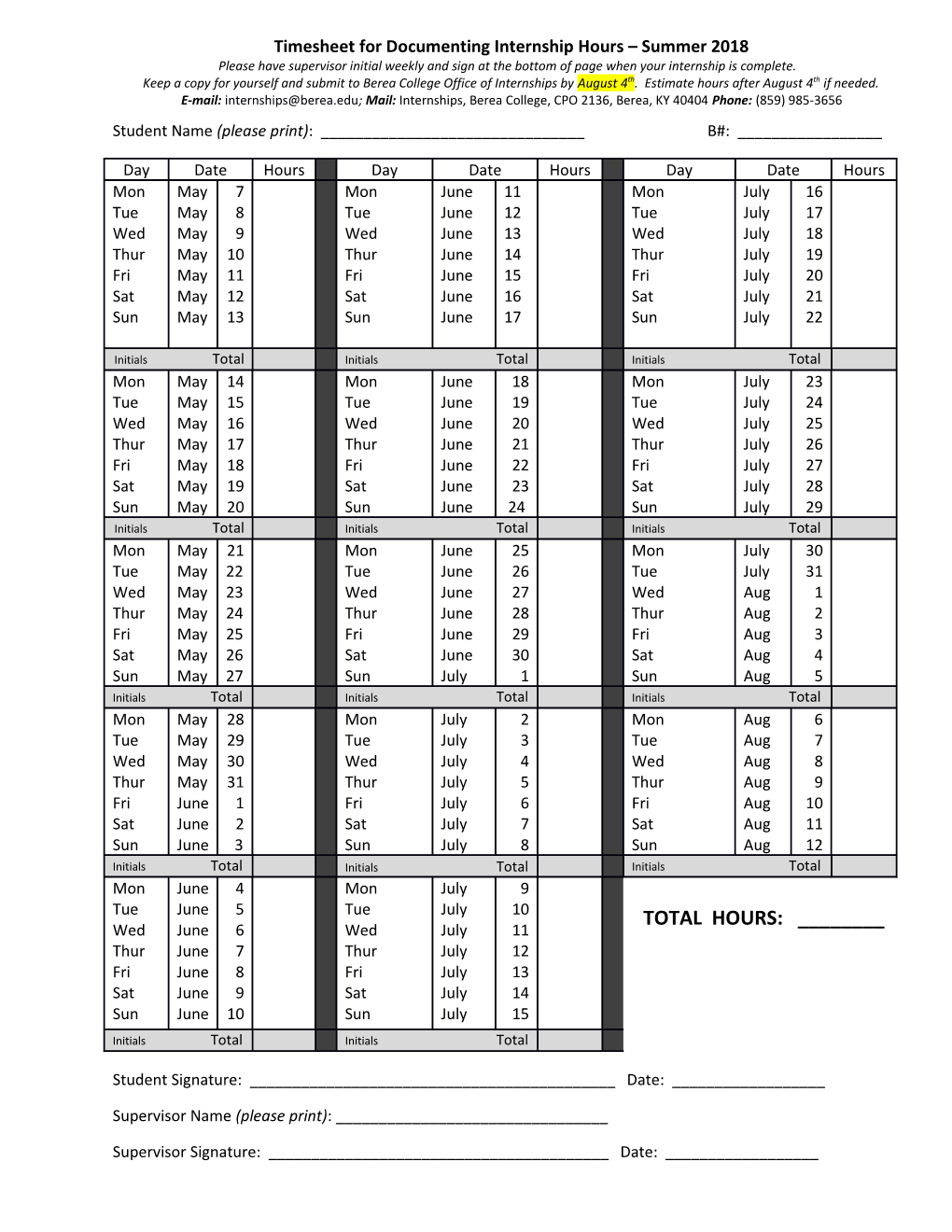 Timesheet for Documenting Internship Hours Summer 2018