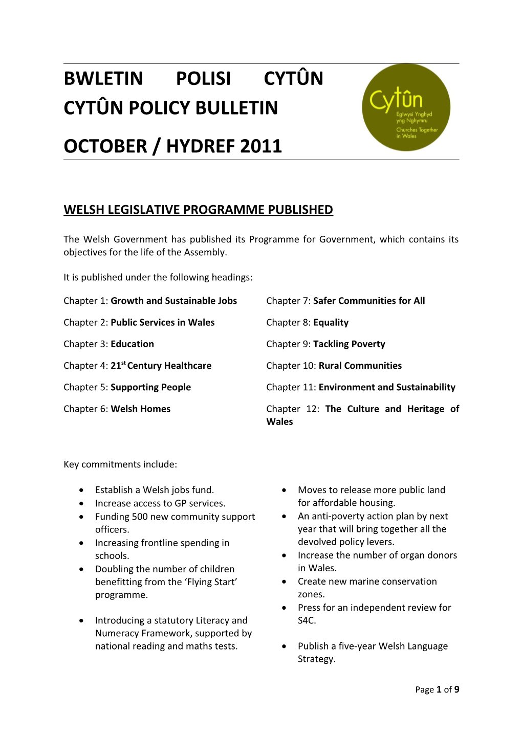 Welsh Legislative Programme Published