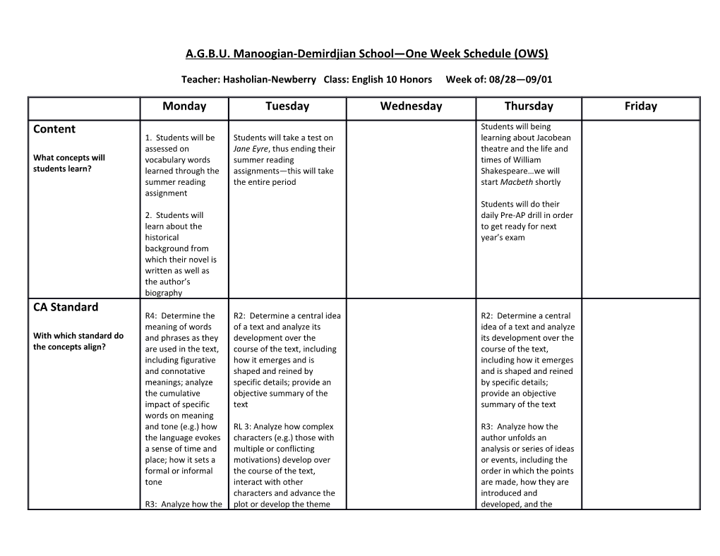 A.G.B.U. Manoogian-Demirdjian School One Week Schedule (OWS)