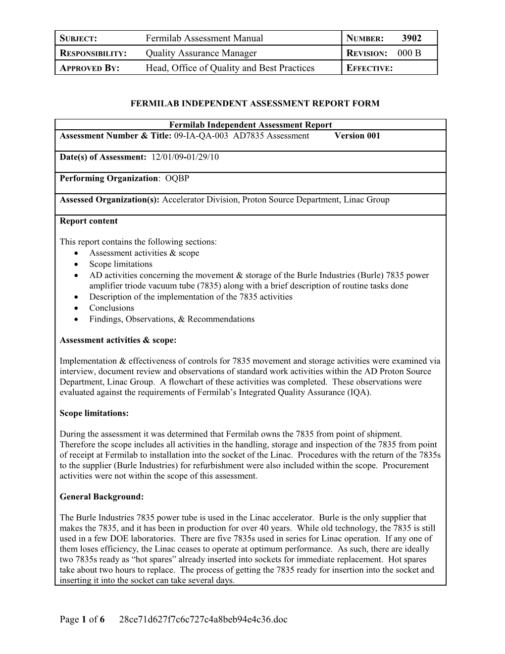 Fermilab Independent Assessment Report Form
