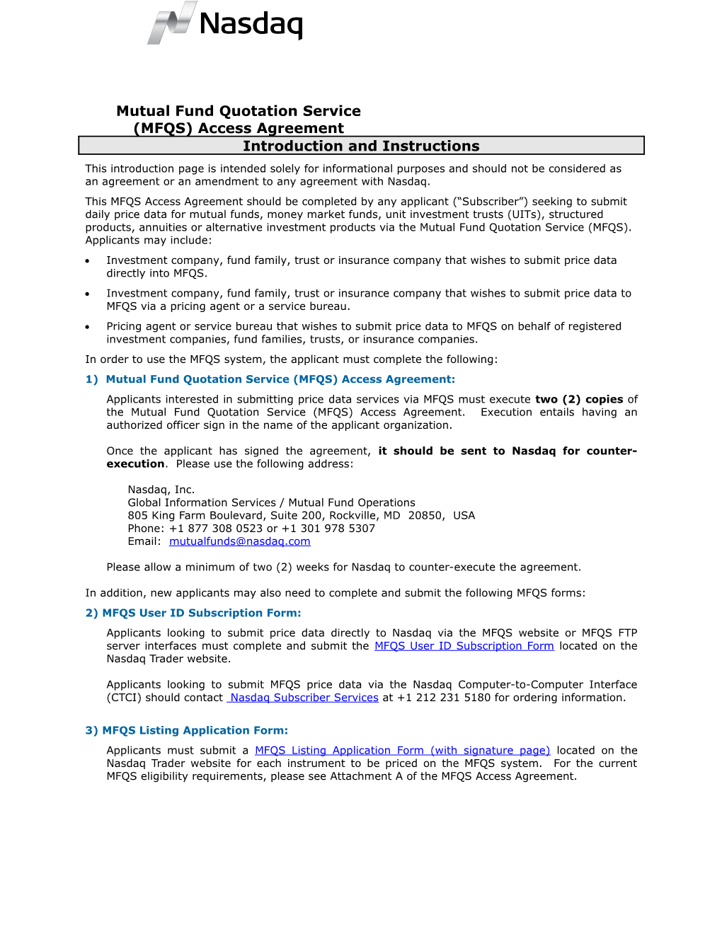 Mutual Fund Quotation Service (MFQS) Access Agreement