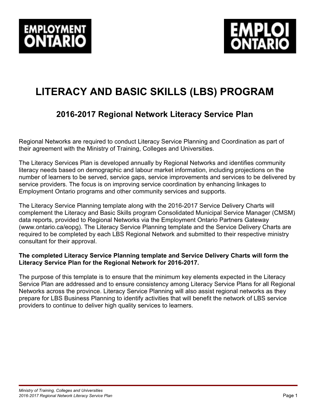 2015-2016 Regional Network Literacy Service Plan