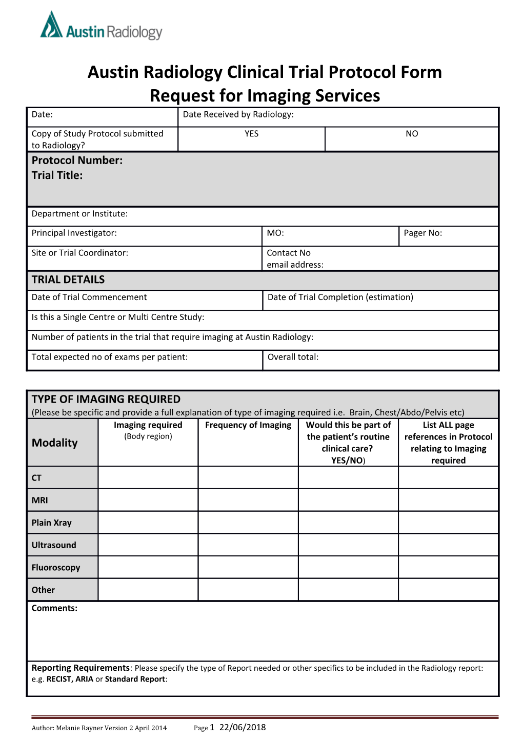 Austin Radiology Clinical Trial Protocol Form