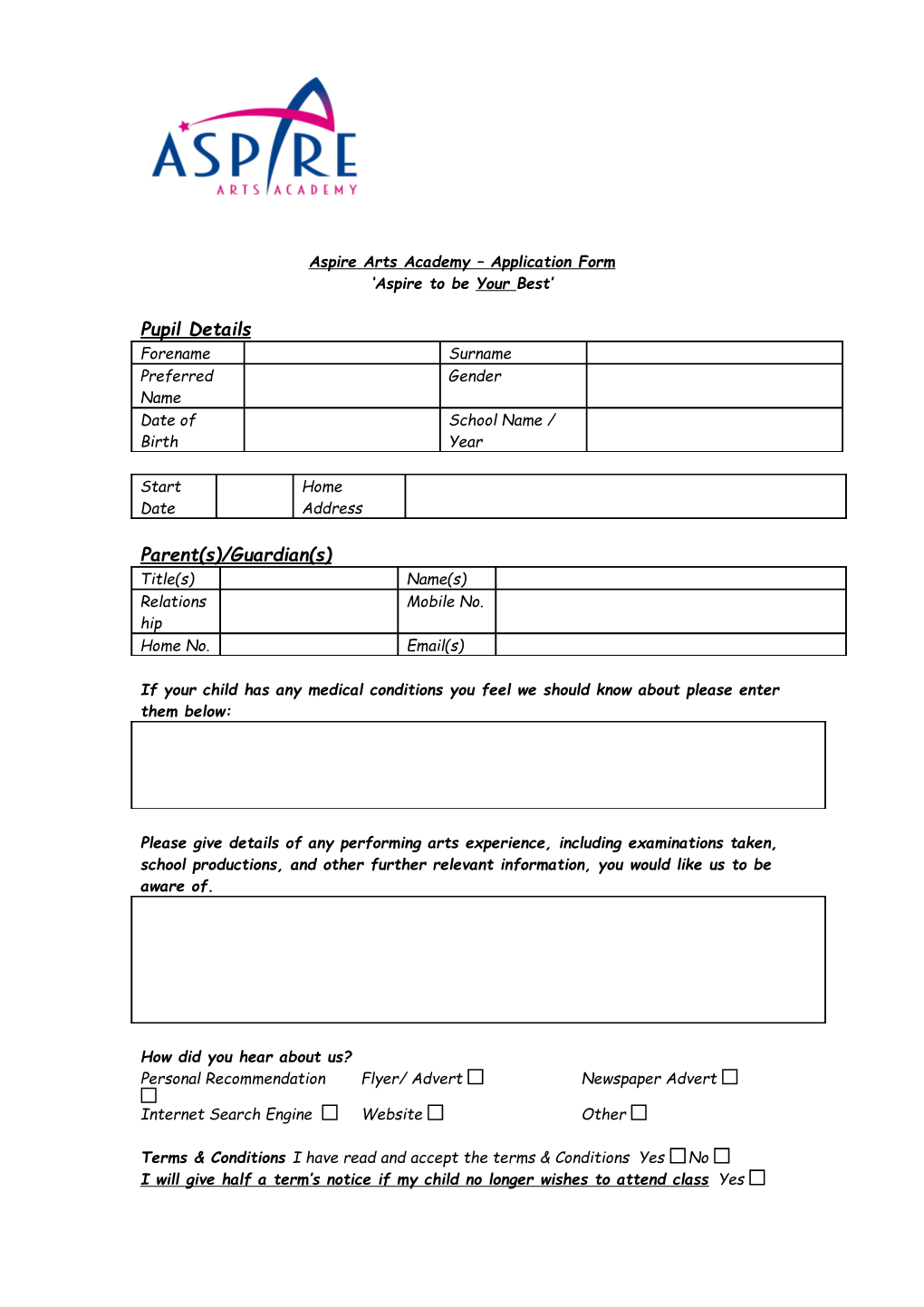 Aspire Arts Academy Application Form