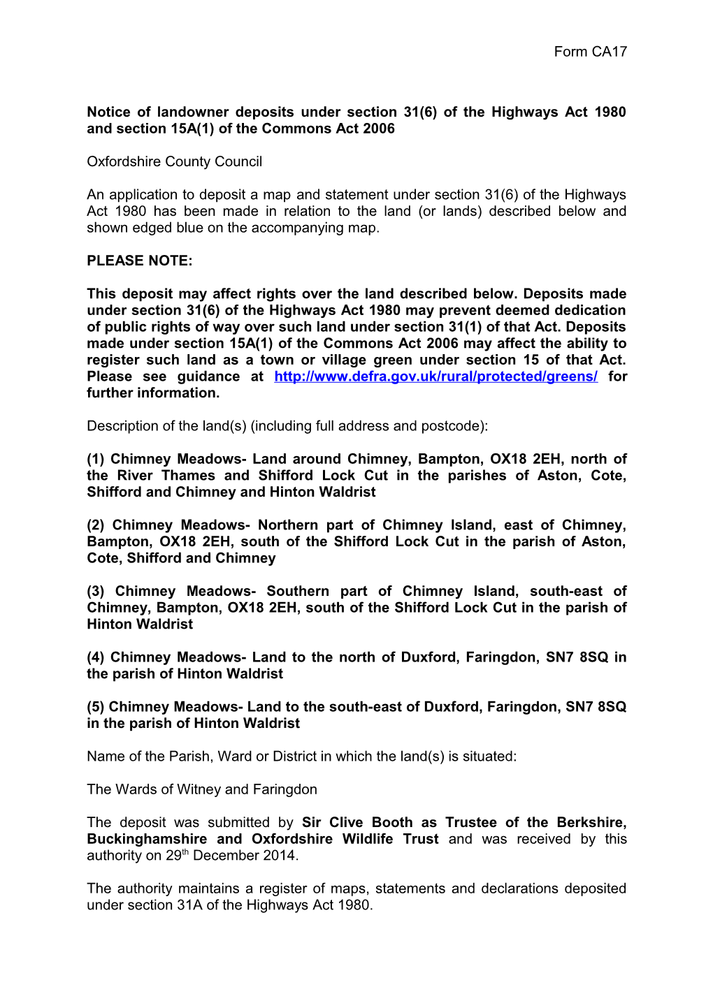 Notice of Landowner Deposits Under Section 31(6) of the Highways Act 1980 and Section