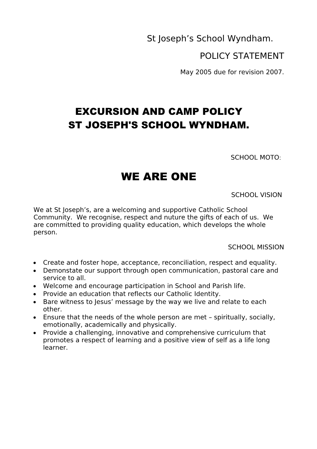 Excursion Policy - St Joseph S Wyndham