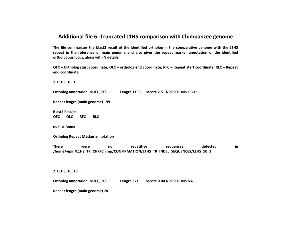 Additional File 6 -Truncated L1HS Comparison with Chimpanzee Genome