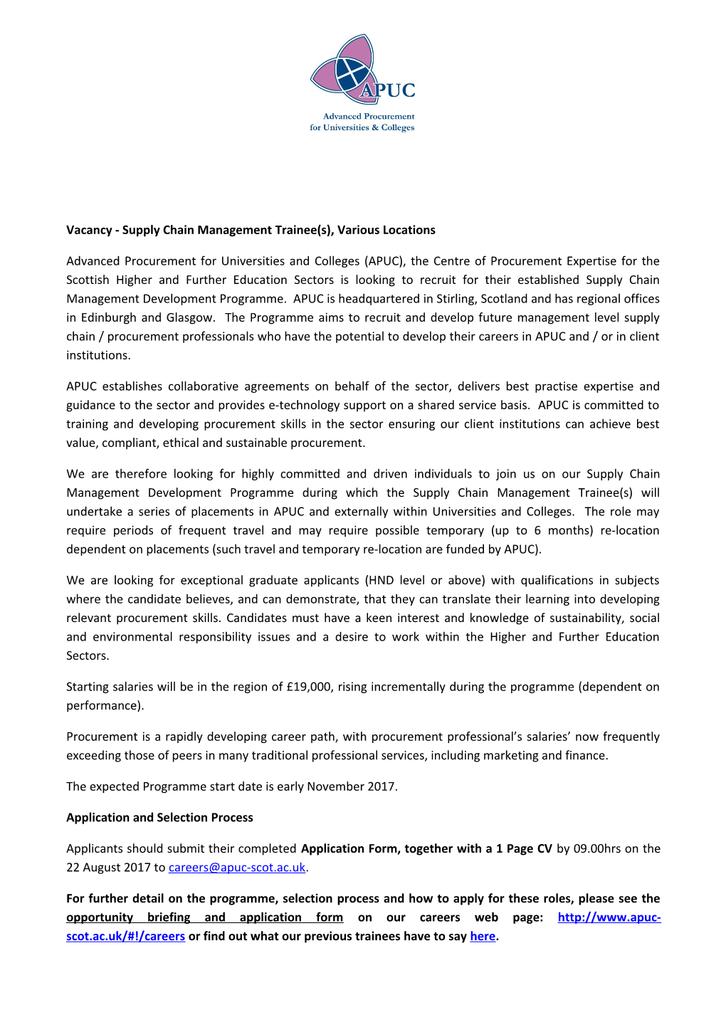 Vacancy - Supply Chain Management Trainee(S), Various Locations