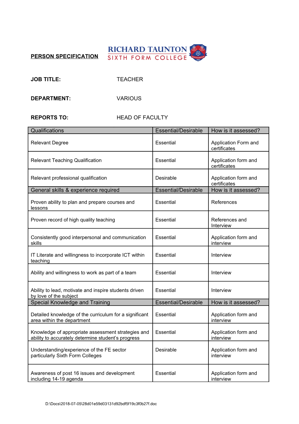 Application Form Criteria Within the Person Specification Are Assessed Against the Application s1