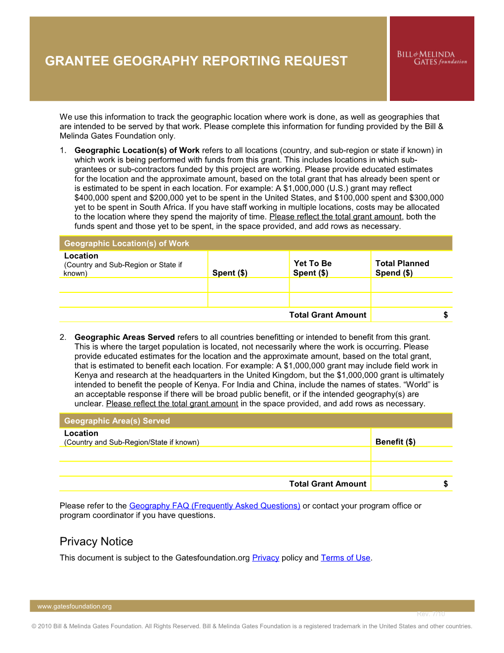 Grantee Geography Reporting Request