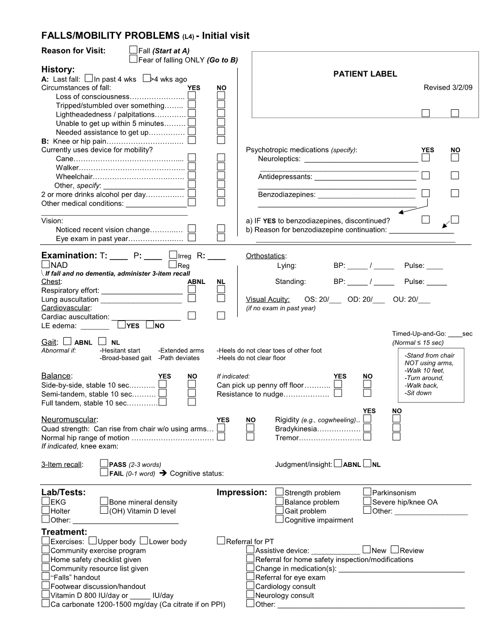 FALLS/MOBILITY PROBLEMS (L4) - Initial Visit