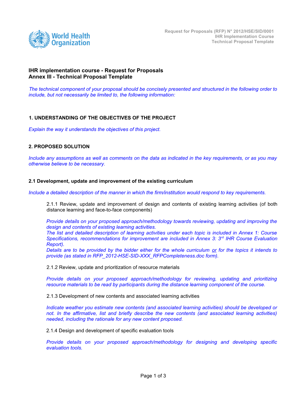 IHR Implementation Course - Request for Proposals