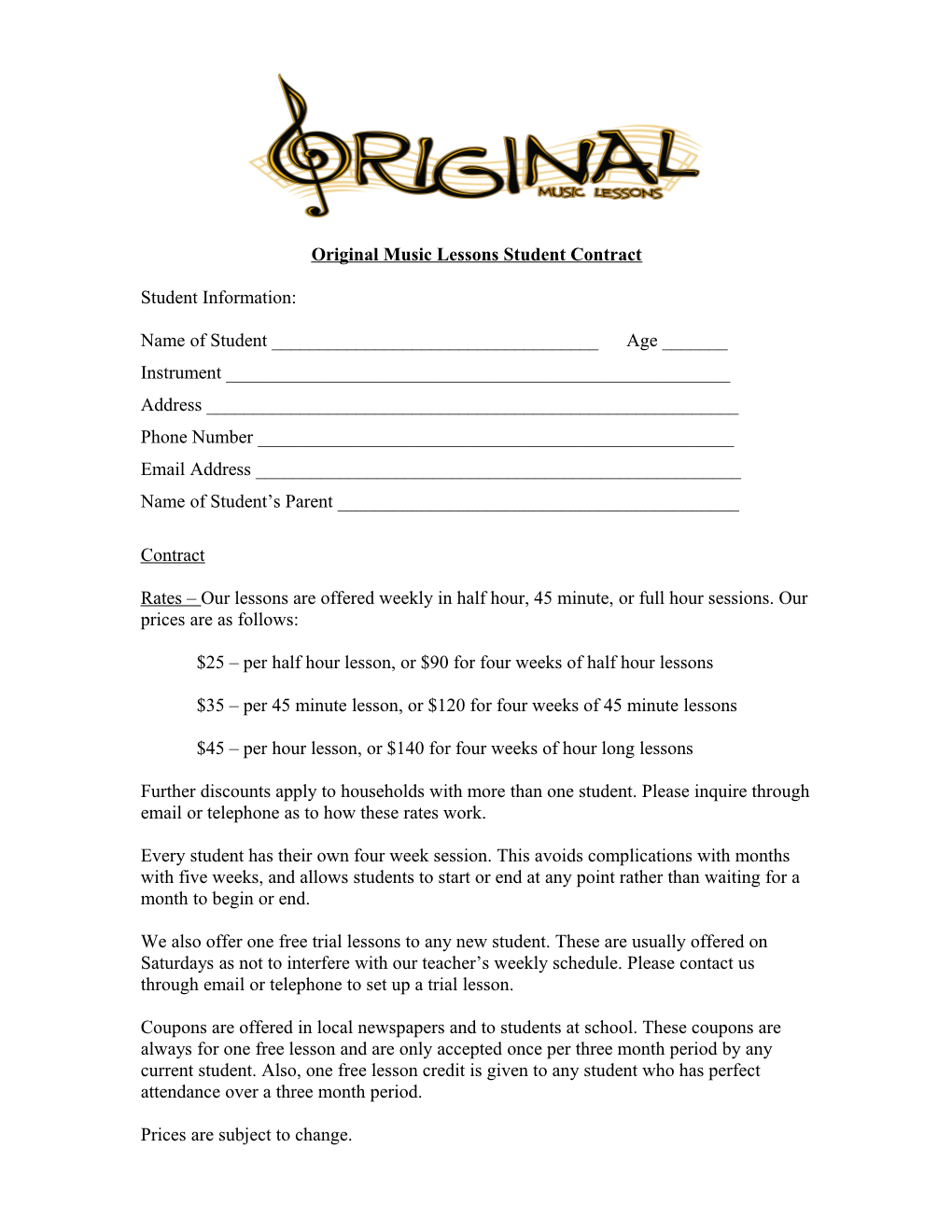 Original Music Lessons Student Contract