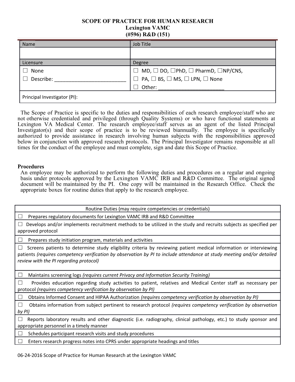 SCOPE of PRACTICE for HUMAN RESEARCH Lexington VAMC (#596) R&D (151)