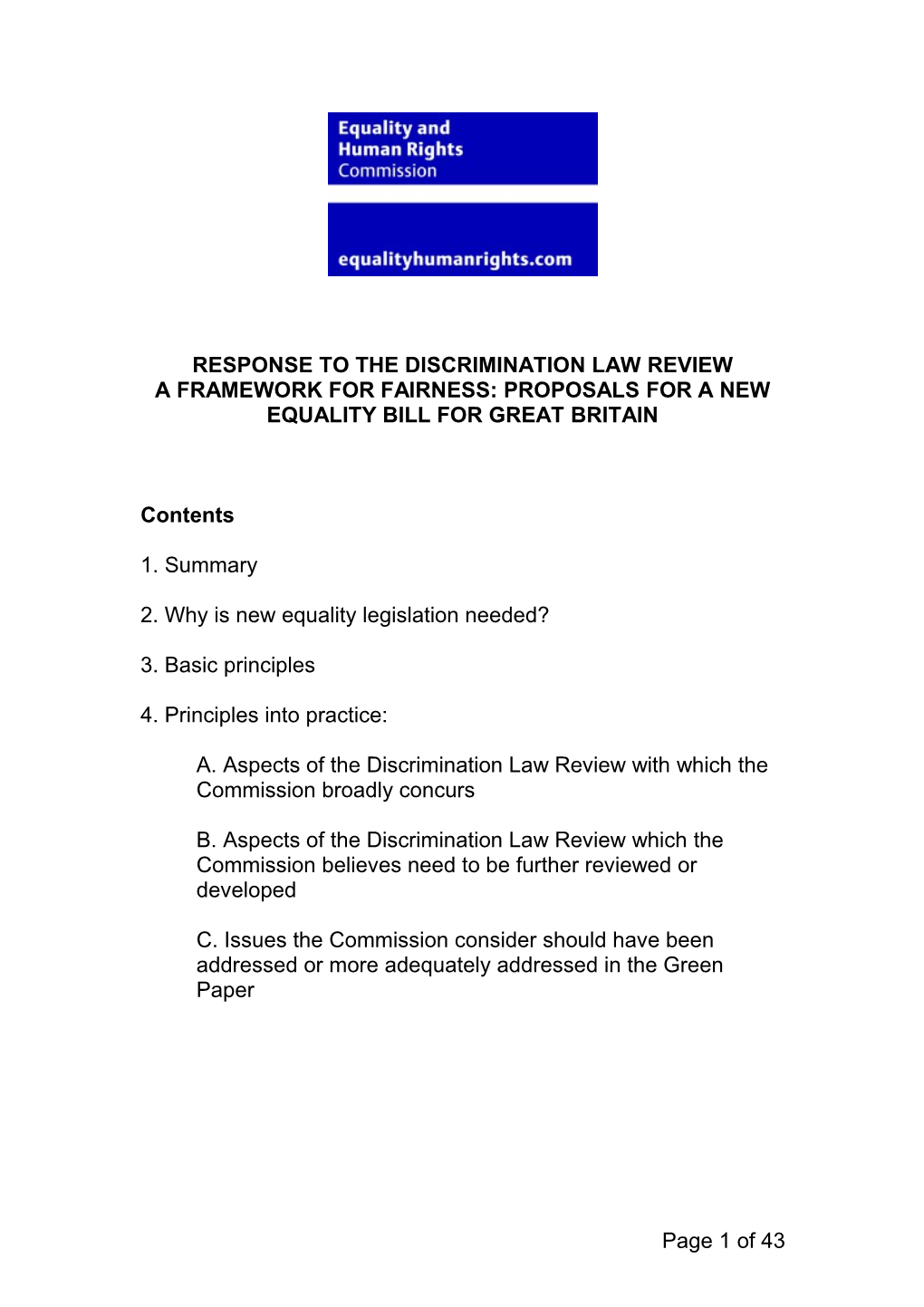 Equality and Human Rights Commission's Response to the Discrimination Law Review