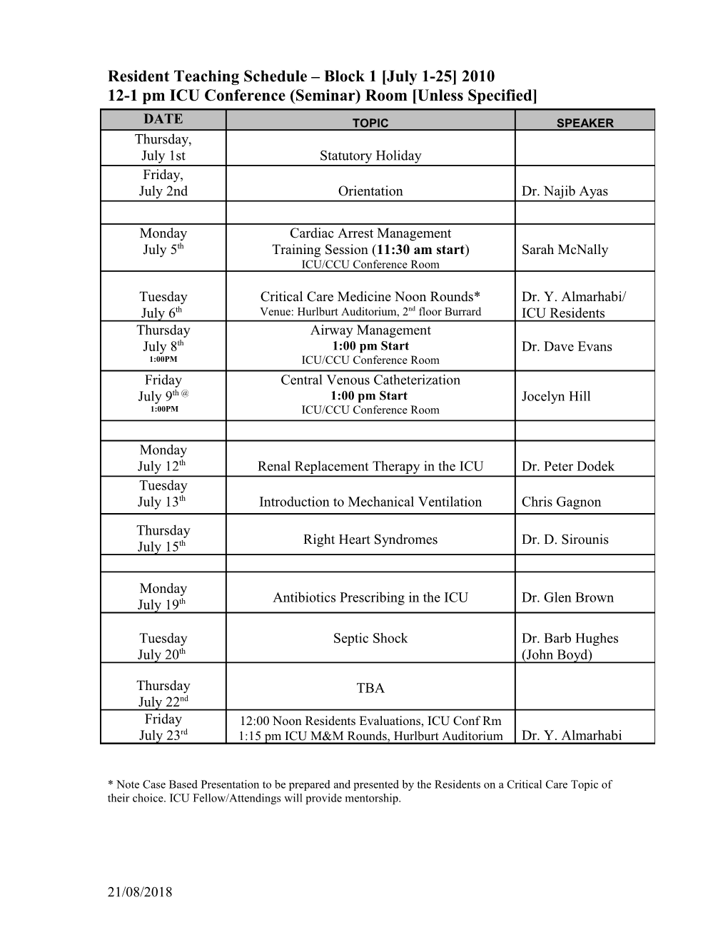 Resident Teaching Schedule Block 5 Oct 19-Nov 15 2009
