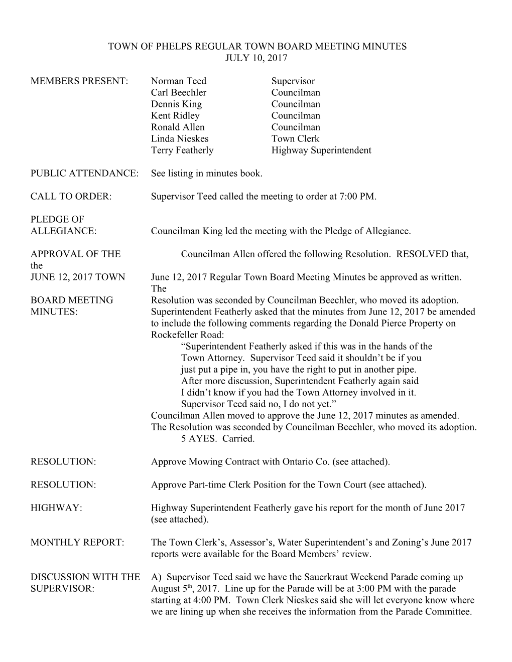 Town of Phelps Regular Town Board Meeting Minutes s2