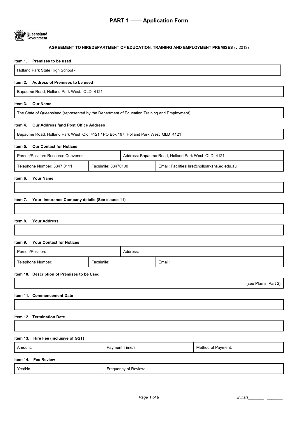 Agreement to Hire School Facilities Form