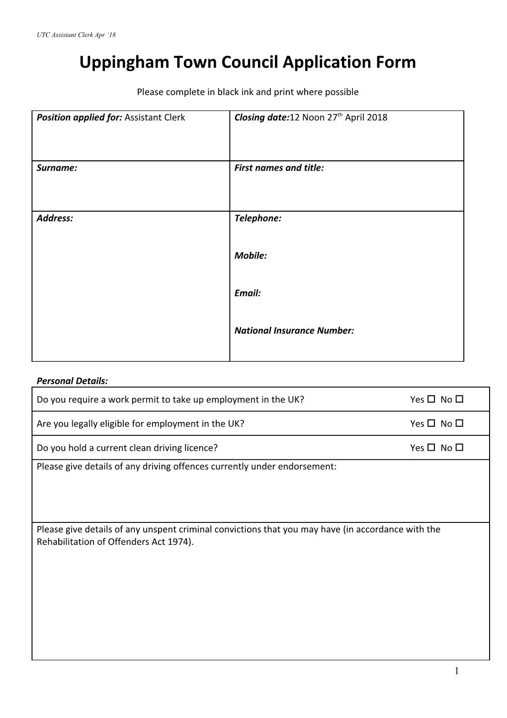 Uppingham Town Council Application Form