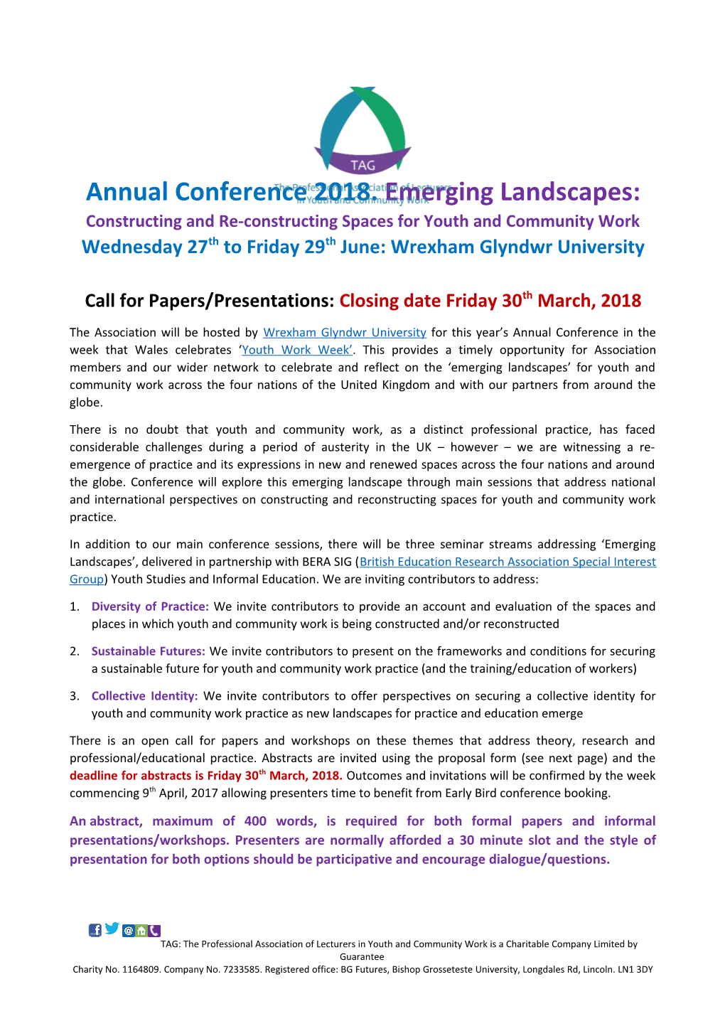Call for Papers/Presentations: Closing Date Friday30thmarch, 2018