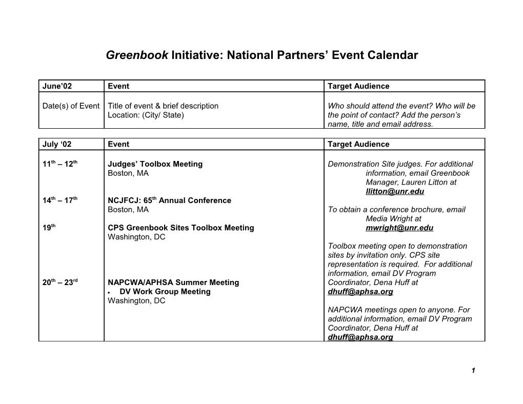 Draft: National Partners Master Calendar