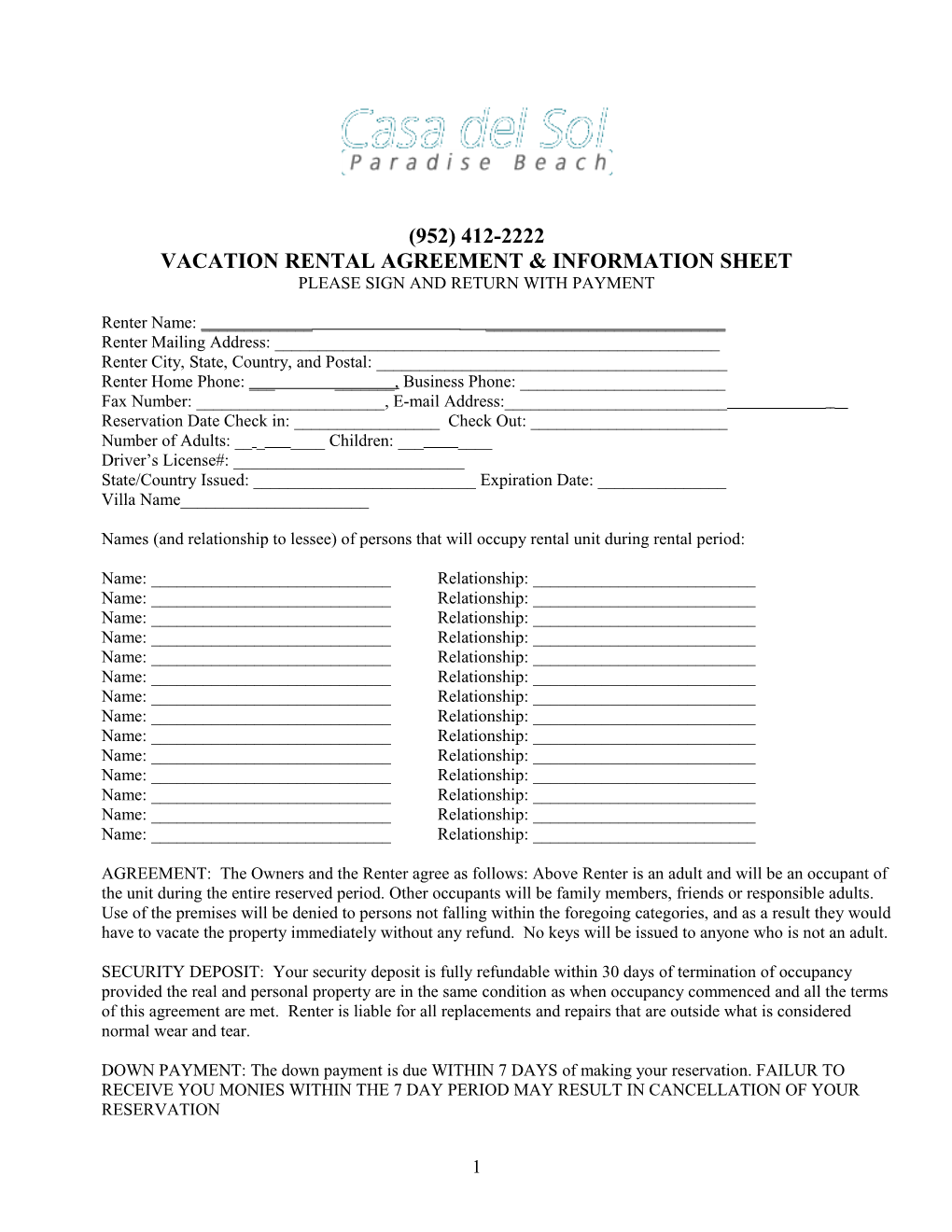 Vacation Rental Agreement & Information Sheet