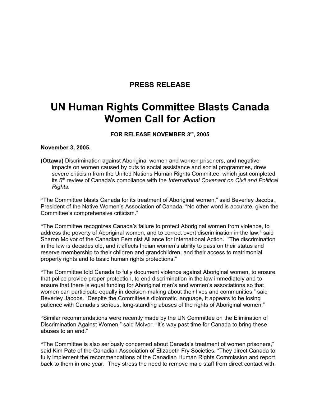 UN Human Rights Committee Blasts Canada