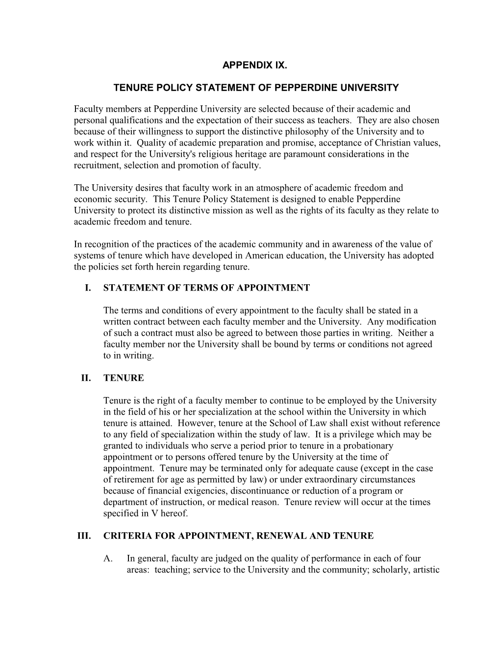 Tenure Policy Statement of Pepperdine University