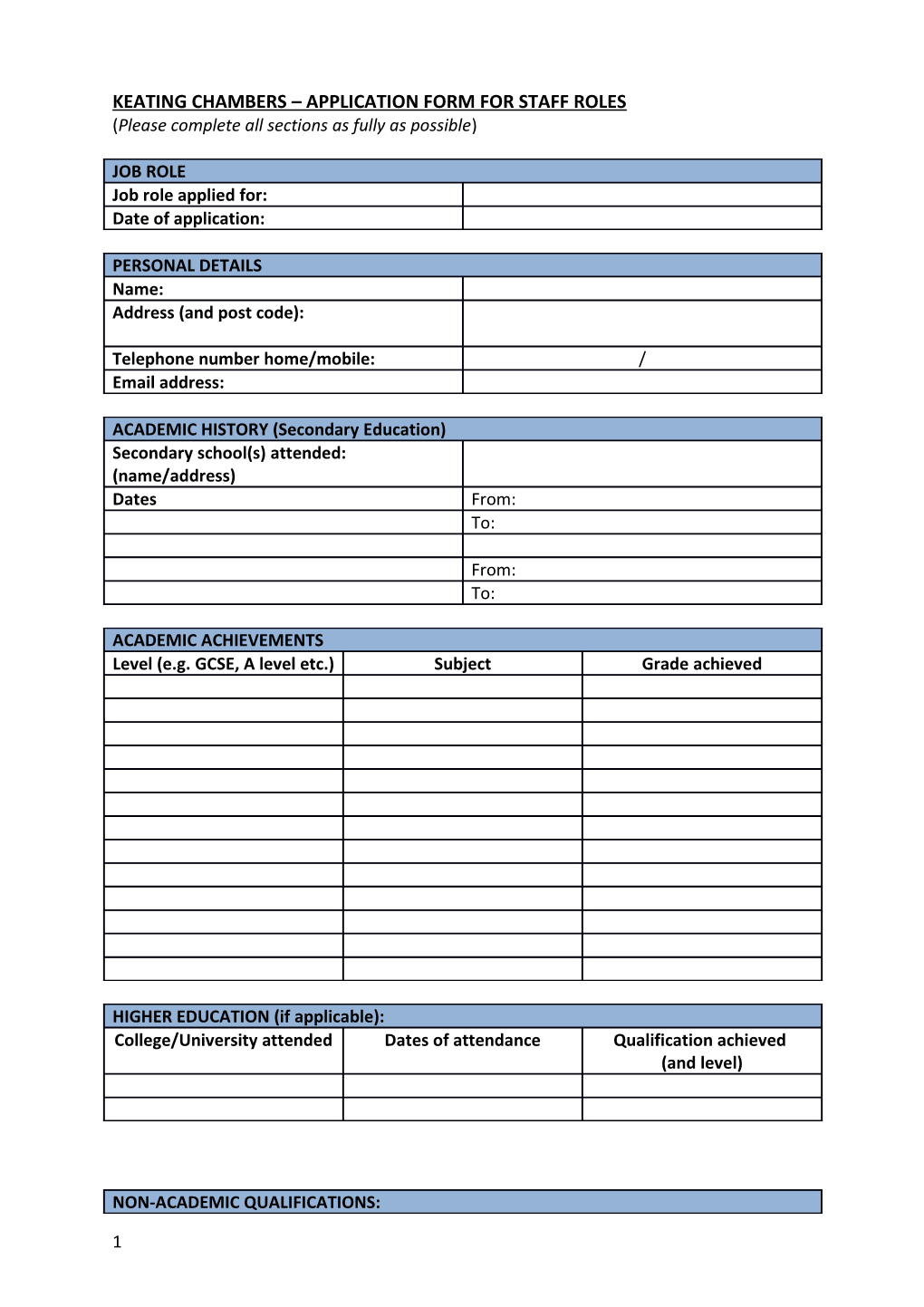 Keating Chambers Application Form for Staff Roles