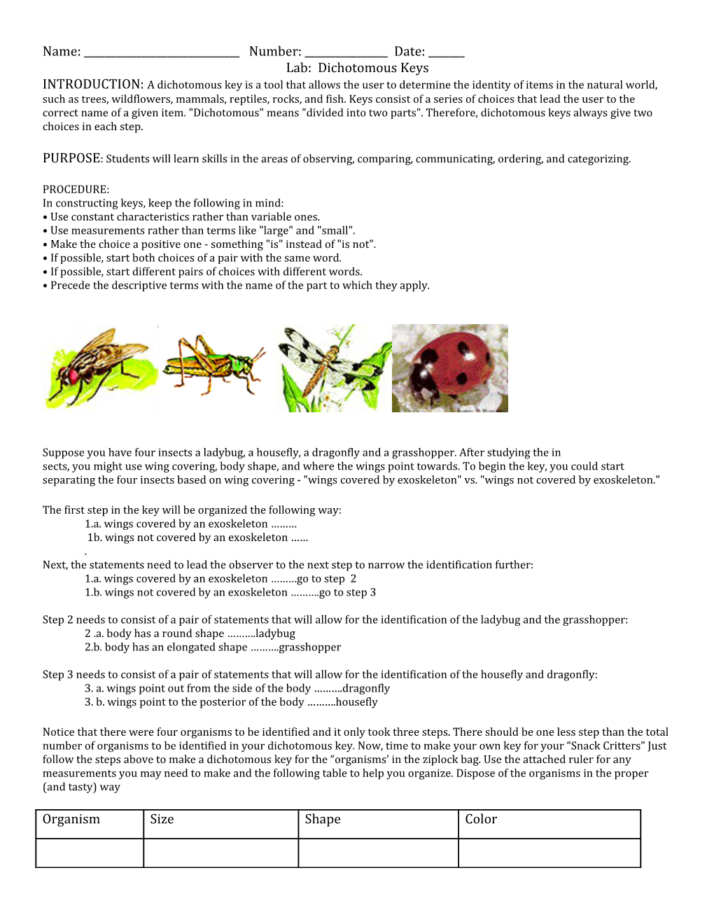 Lab: Dichotomous Keys