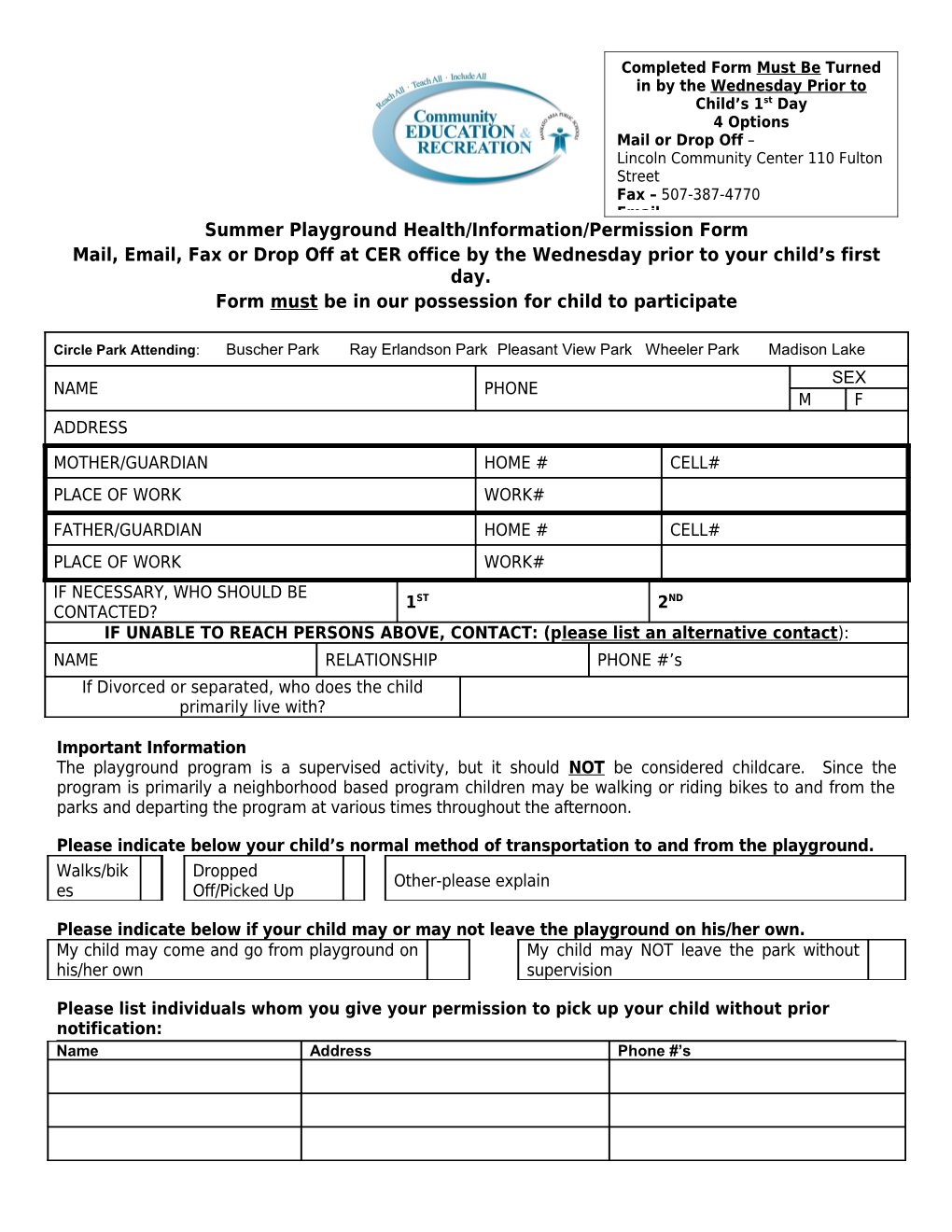 Mankato Family Ymca Health & Information Form