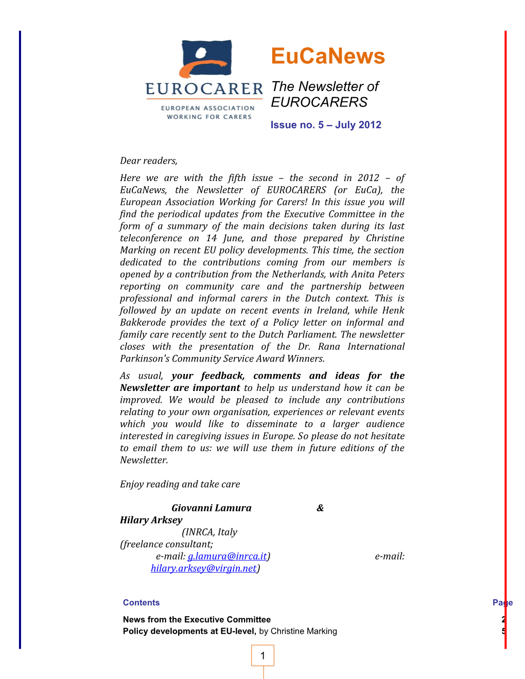 The Newsletter of EUROCARERS