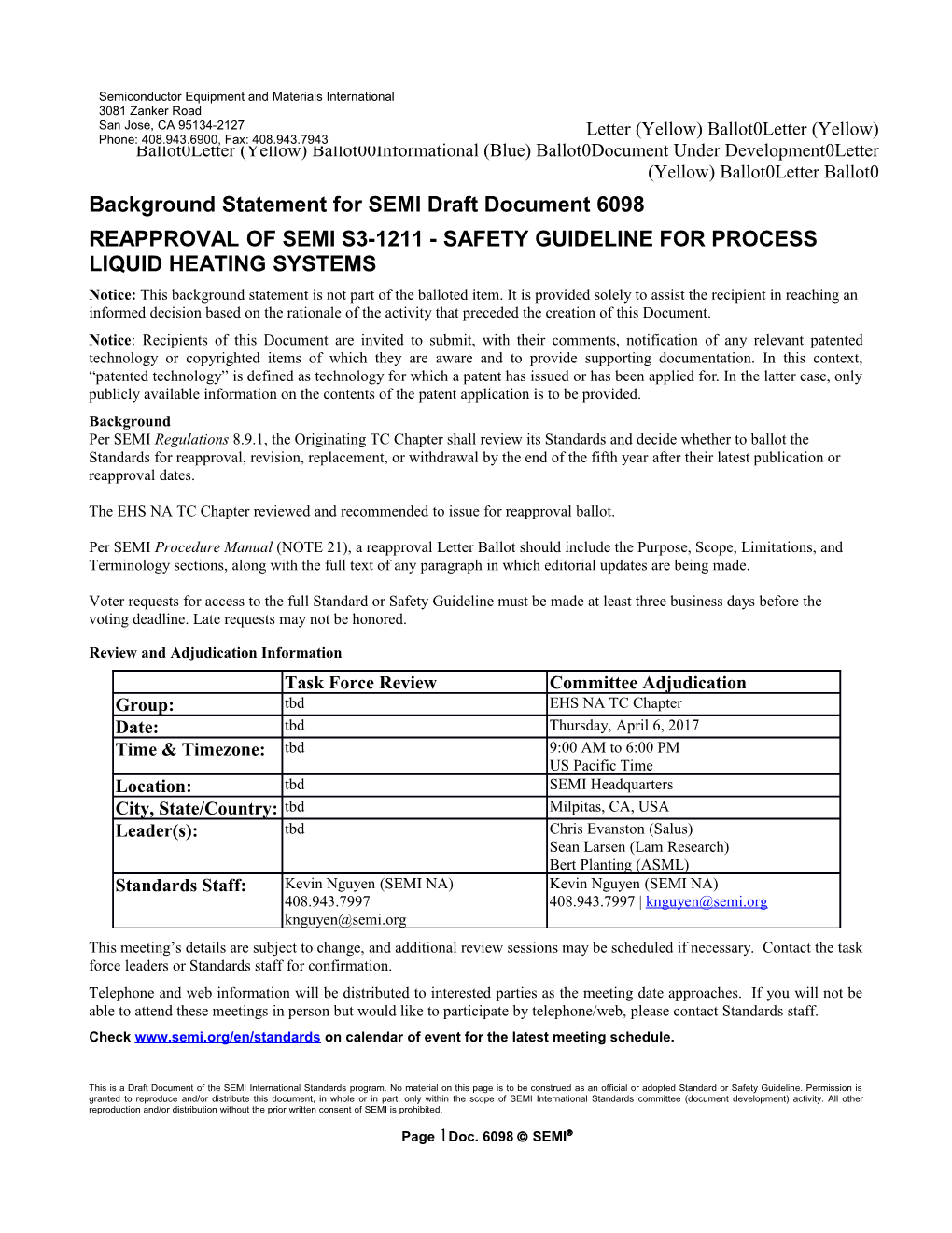 Background Statement for SEMI Draft Document 6098