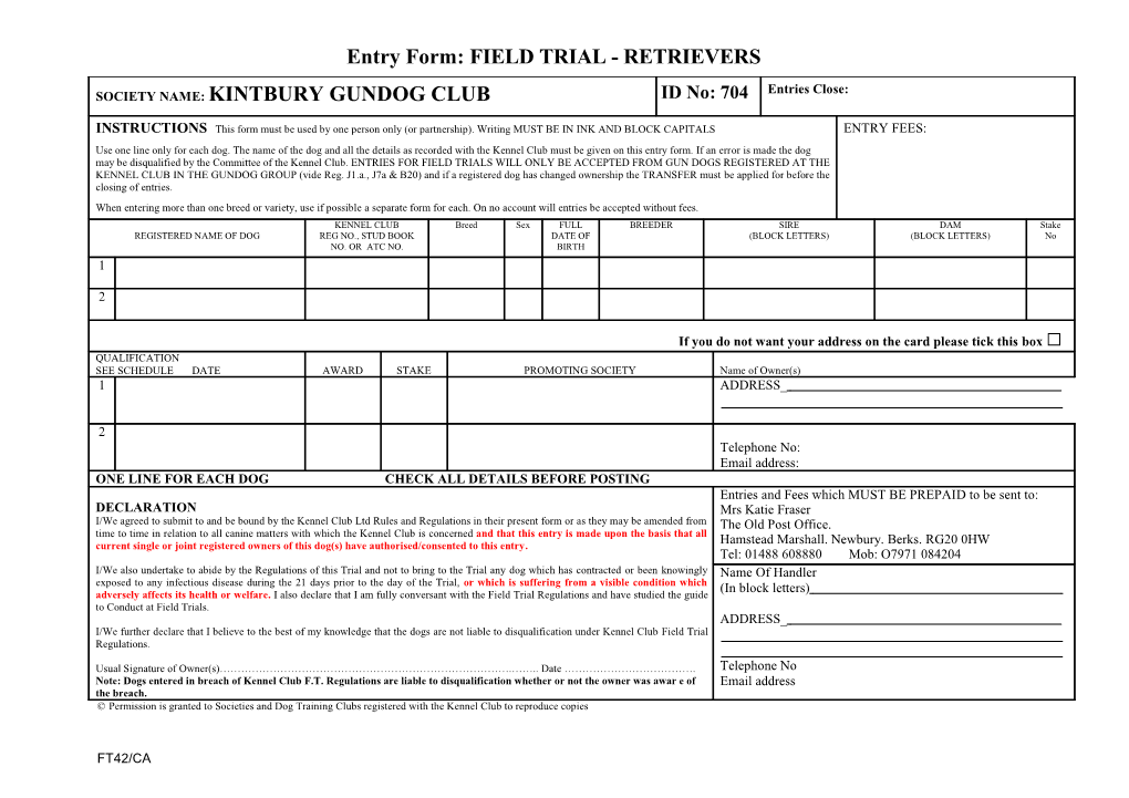 Entry Form: Field Trials-Retrievers