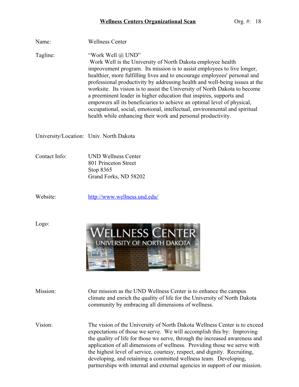 Wellness Centers Organizational Scan Org. #: 18