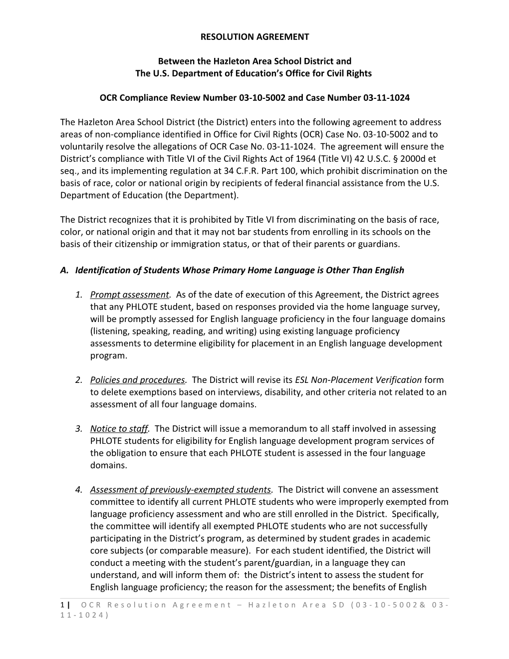 Resolution Agreement: Hazleton Area School District, Pennsylvania: Compliance Review #03-10-5002