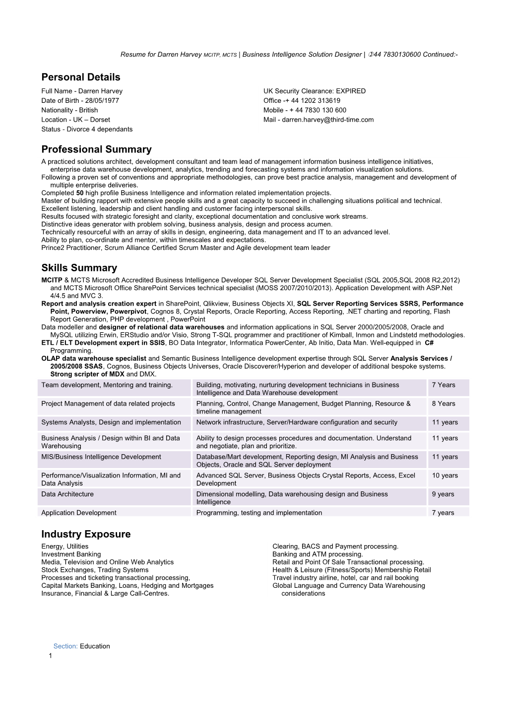 Resume for Darren Harvey MCITP, MCTS Business Intelligence Solution Designer )44 7830130600