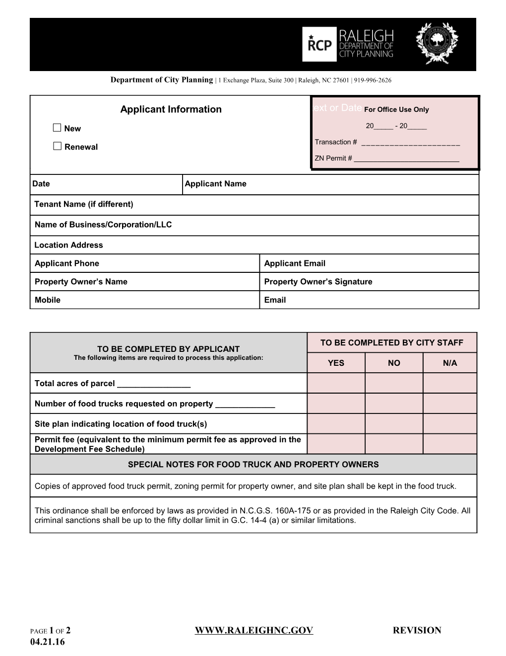 Food Truck Zoning Permit Application Owner