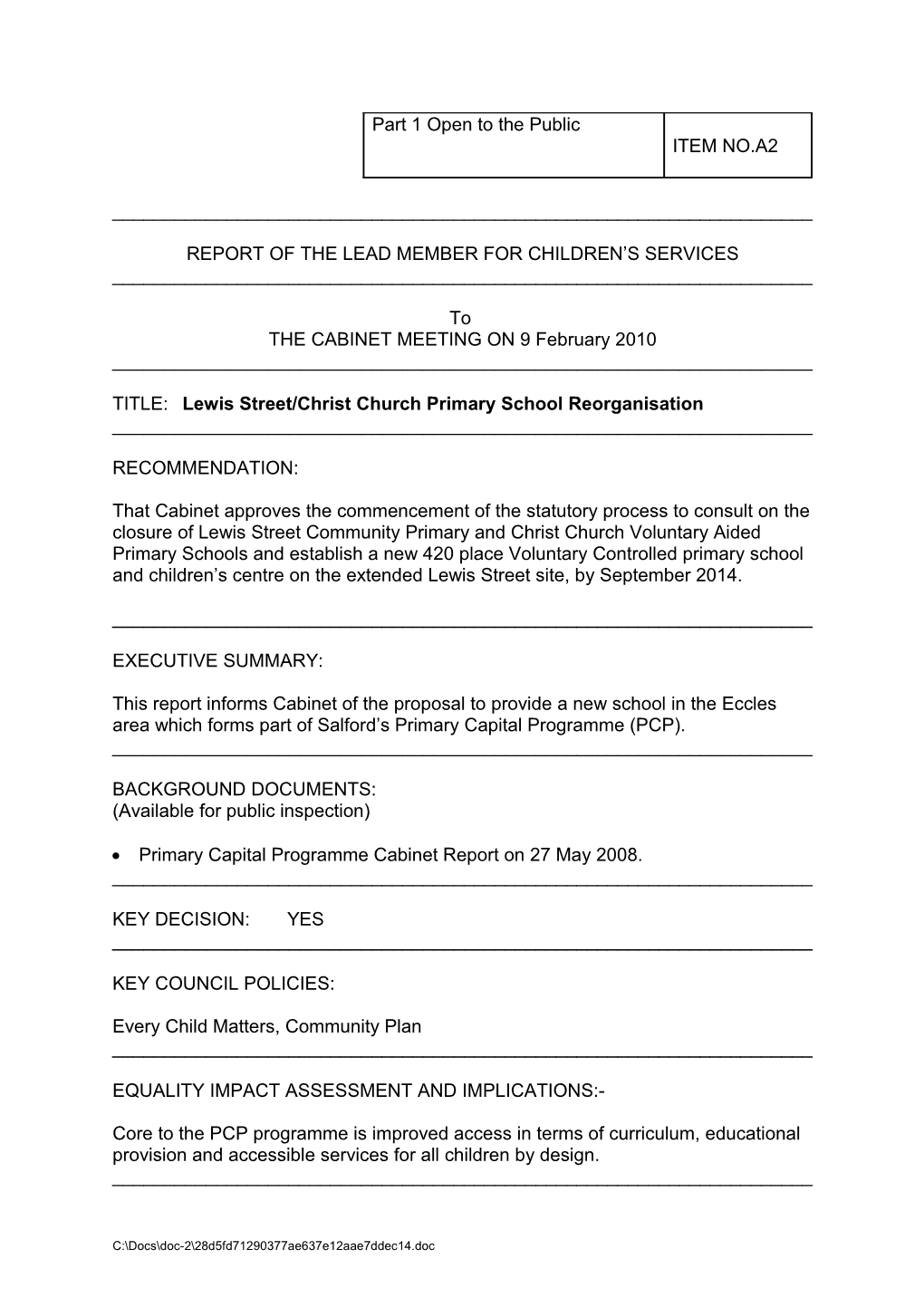 Report of the Lead Member for Children S Services