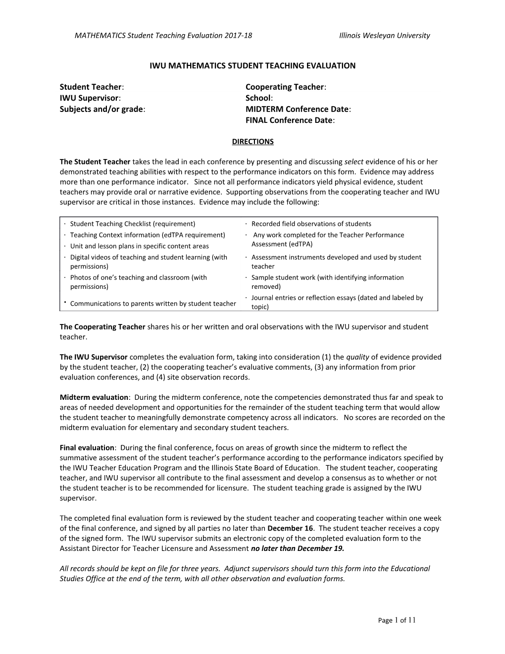 Iwu Mathematics Student Teaching Evaluation