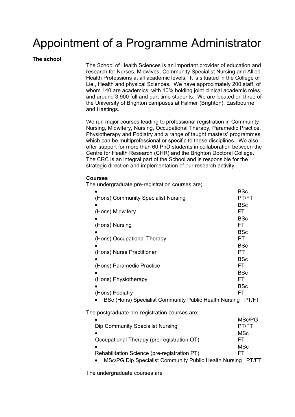 Appointment of a Programme Administrator