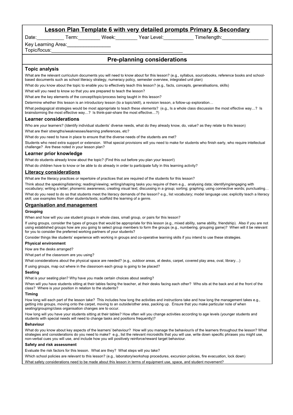 Lesson Plan Template 6 with Very Detailed Prompts Primary & Secondary