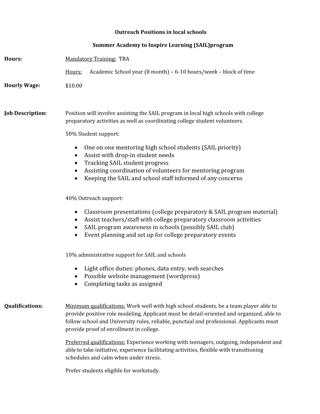 Outreach Positions in Local Schools