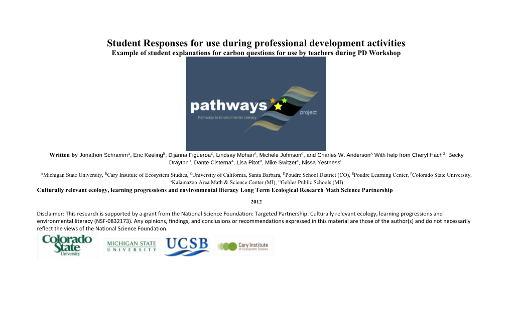 Student Responses for Use During Professional Development Activities