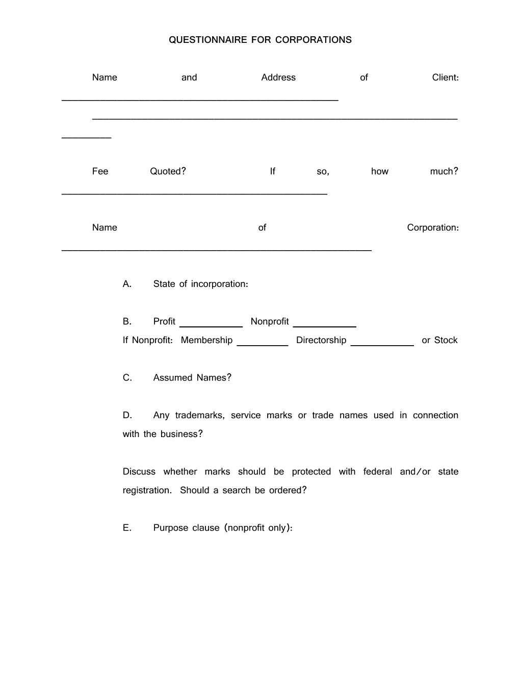 Questionnaire for Corporations