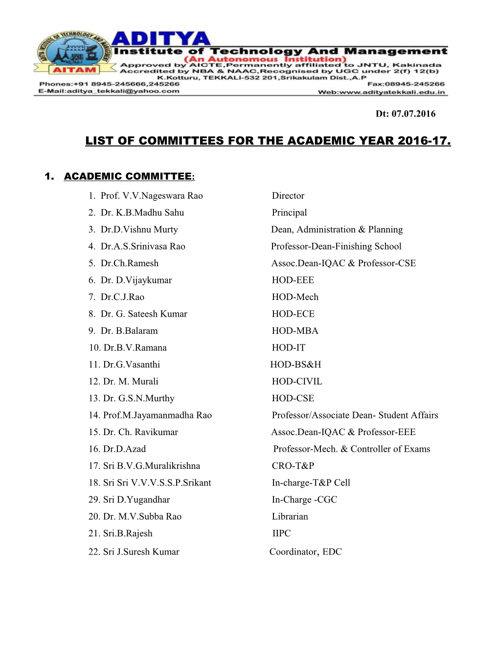 List of Committees Constituted for the Acadenic Year 2012-13