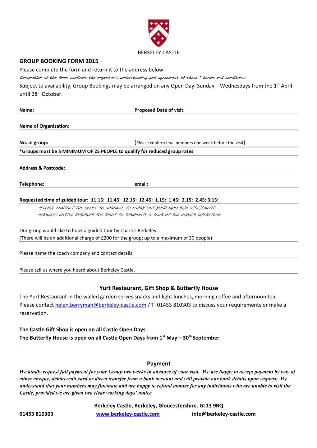 Group Booking Form 2015