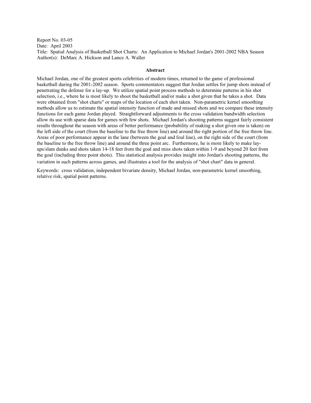 Title: Spatial Analysis of Basketball Shot Charts: an Application to Michael Jordan's 2001-2002