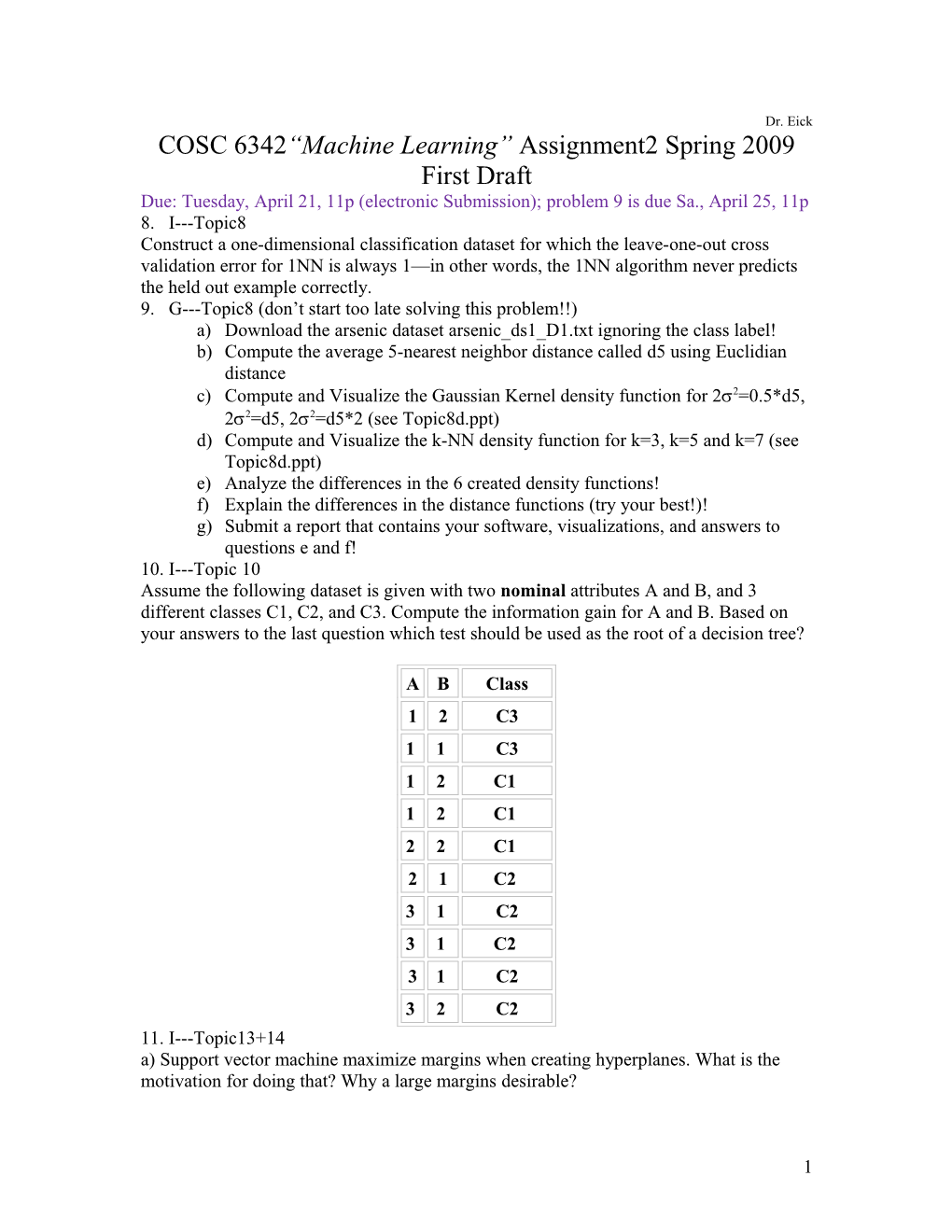 COSC 6342 Machine Learning Assignment2spring 2009